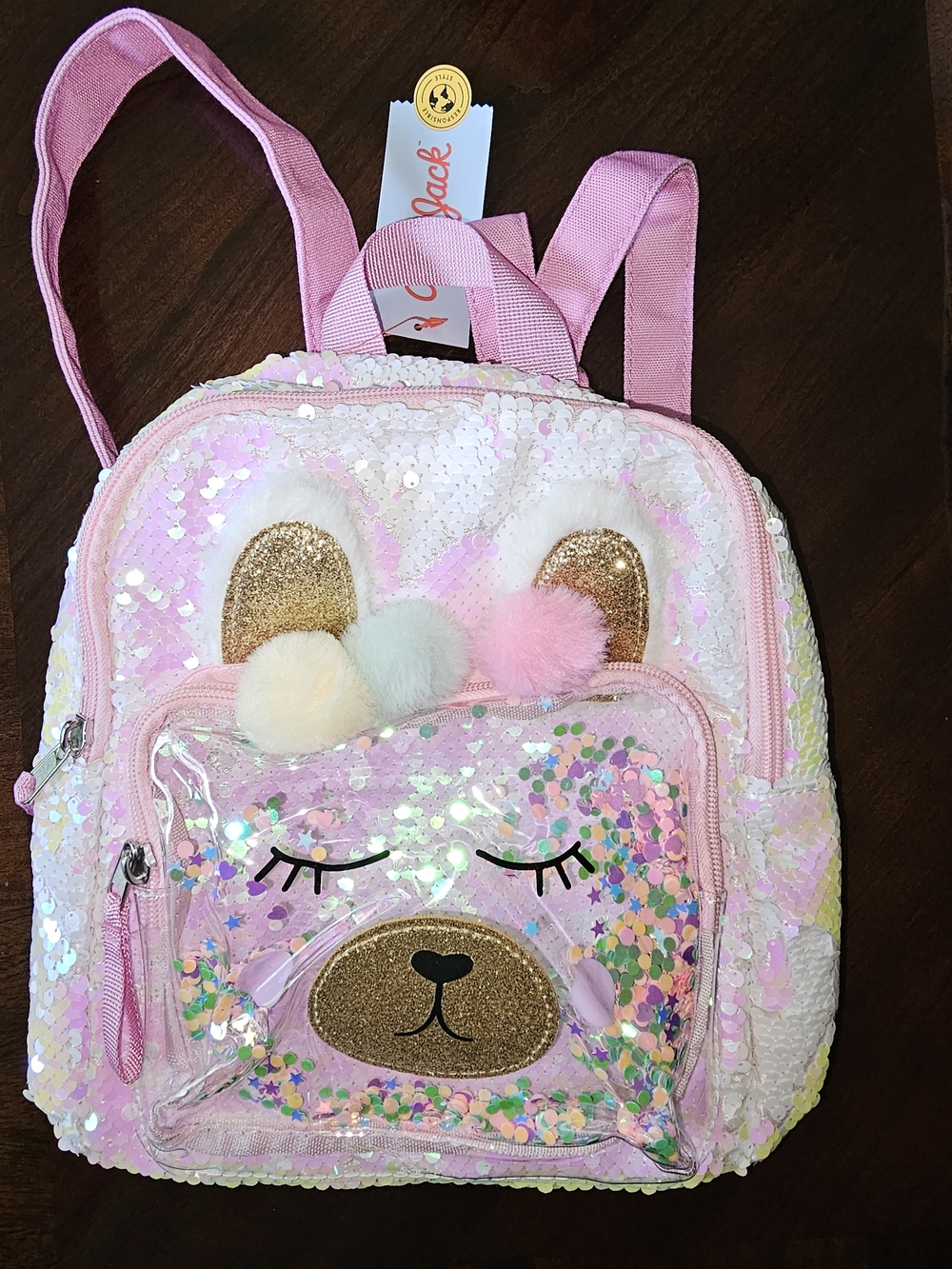 Cat & Jack Pink Sequin Bear Backpack with Pom-Pom Ears